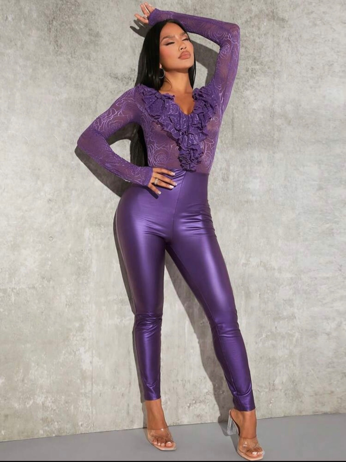 Purple V Neck Ruffle Contrast Lace Pu Leather Skinny Leg Jumpsuit XS