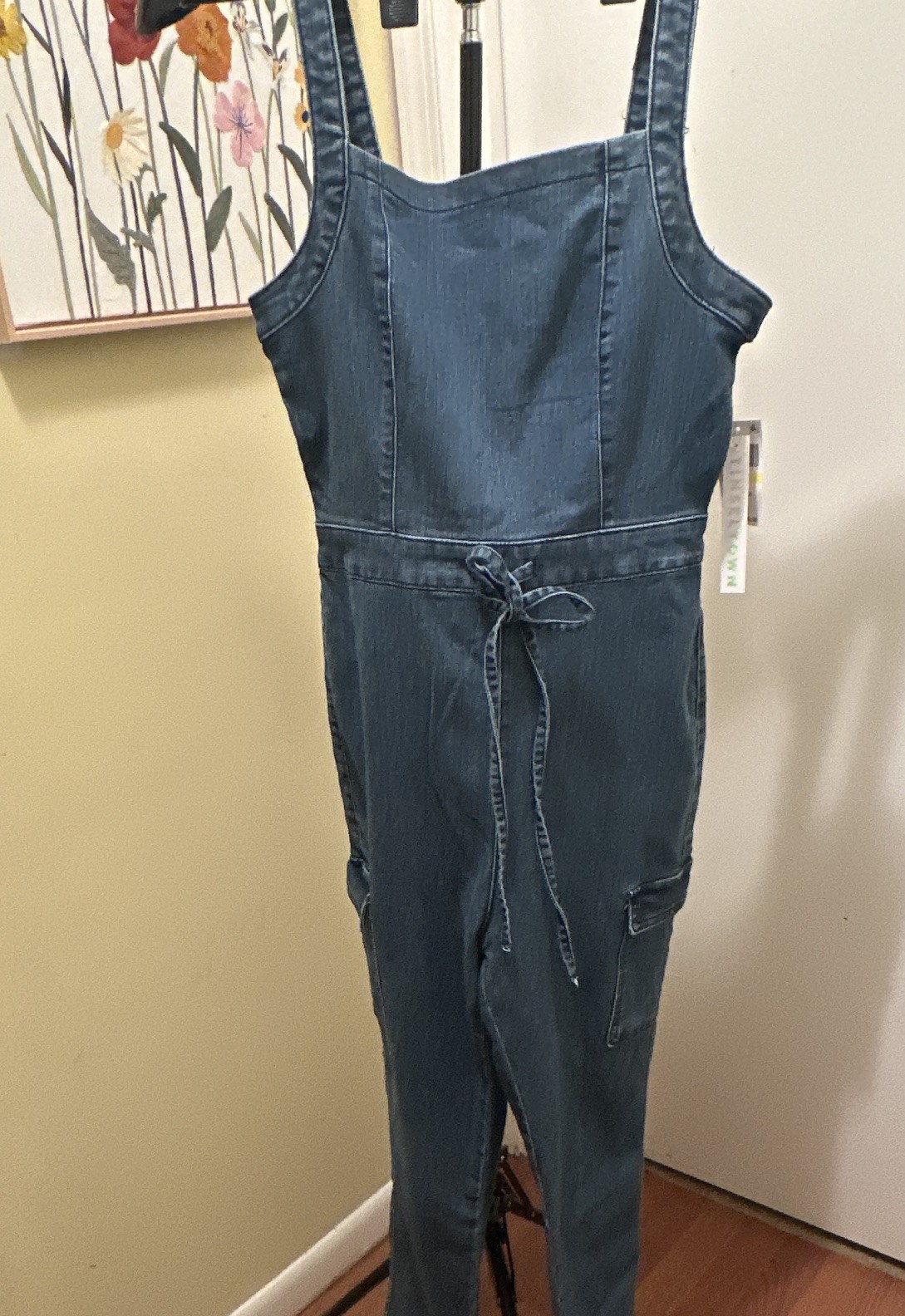 Tinseltown Women’s Blue Denim Square Neck Sleeveless Zip Stretch Jumpsuit M