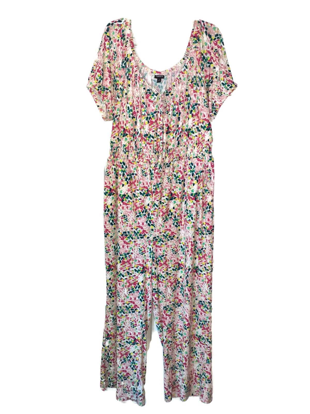 NEW TORRID Plus Size 1 1X Jumpsuit White Pink Green Short Sleeve Stretch Knit