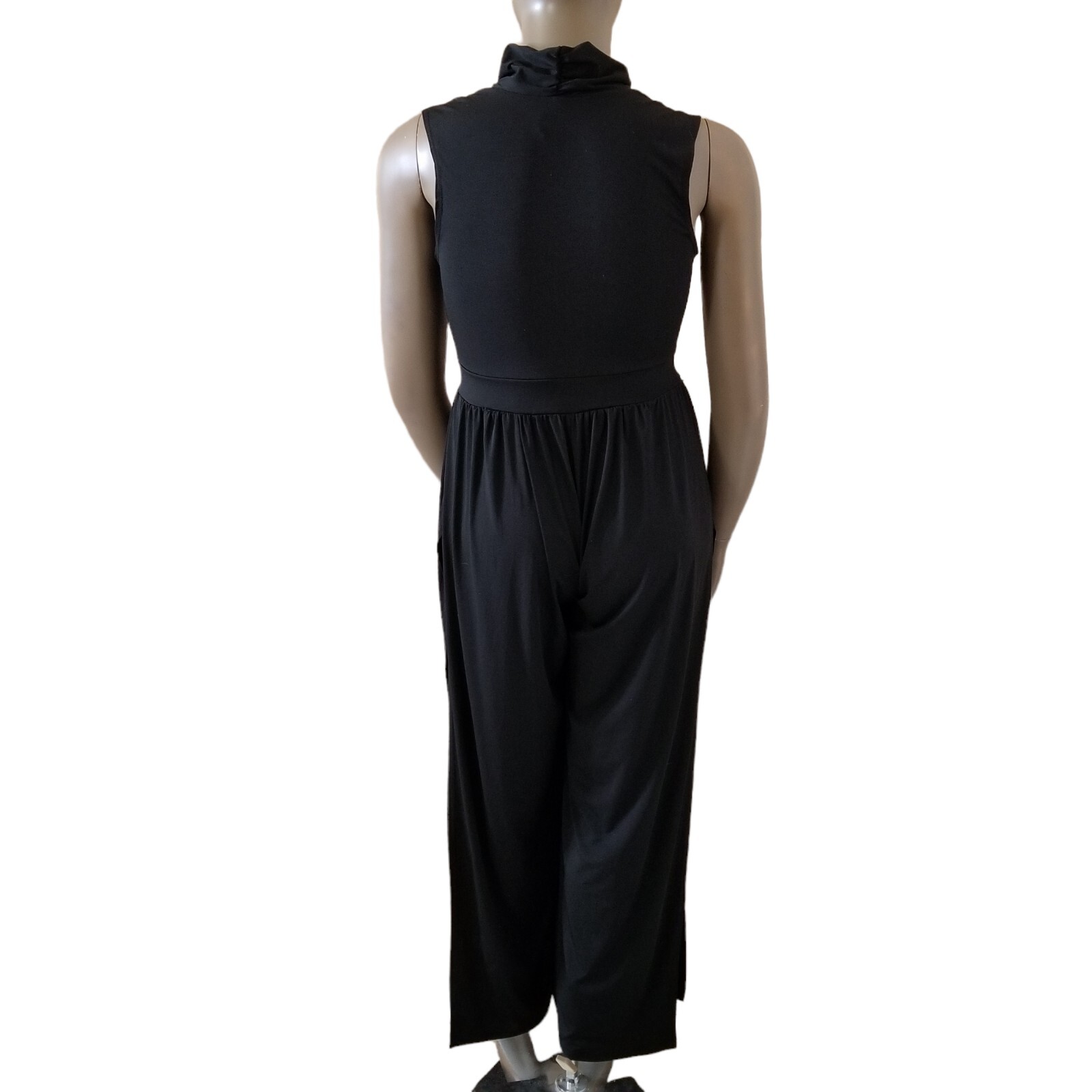 FASHION LOVE Plunge V-Neck Sleeveless Full Side Slit Palazzo Jumpsuit 1X Black