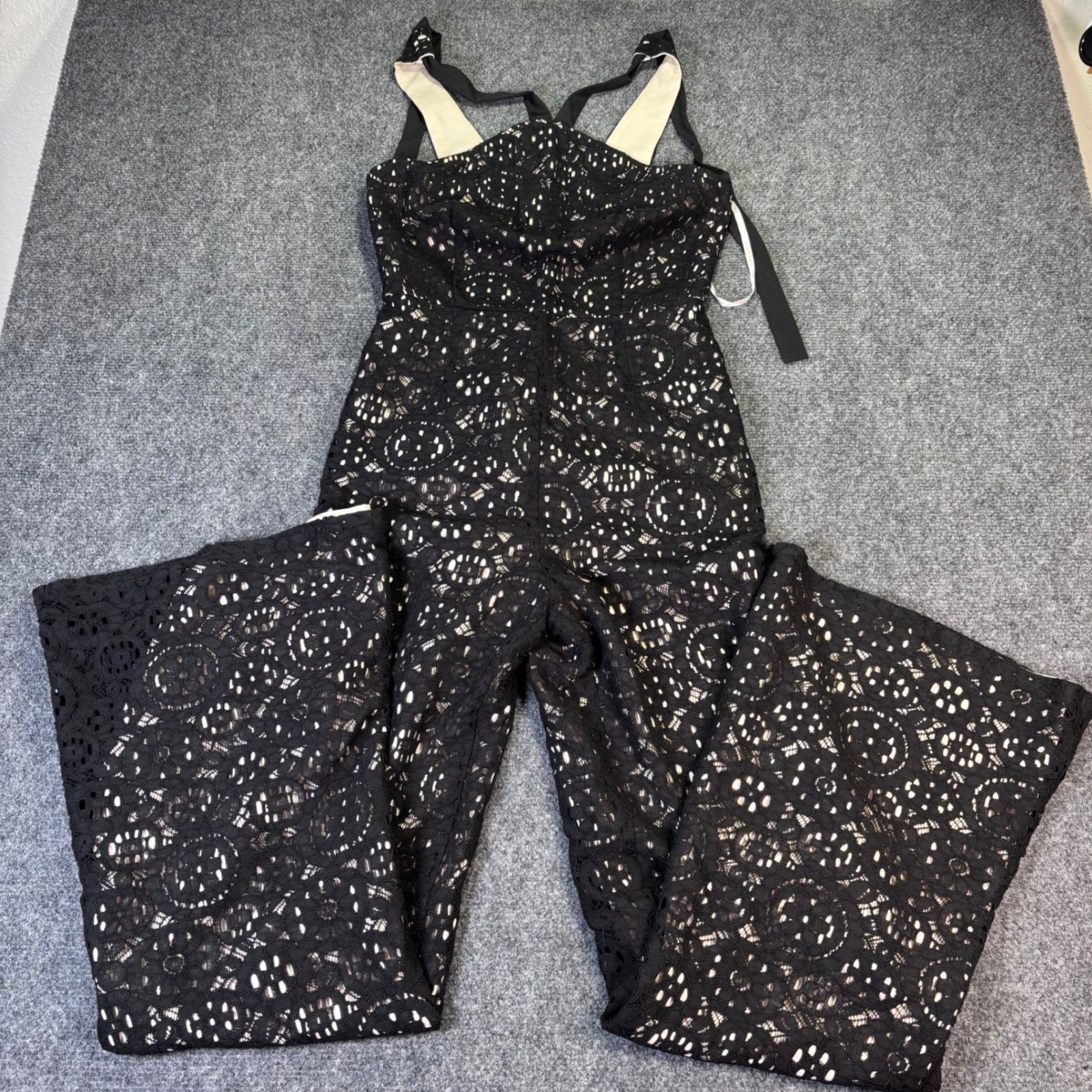 Foxiedox Lace Jumpsuit Womens Black Nude Floral Wide Leg Sleeveless Size 4