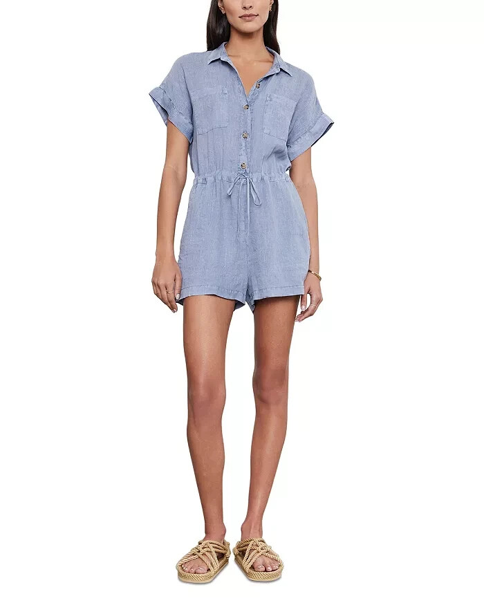 VELVET By Graham & Spencer Clare Linen Romper Blue Haze S $285 H1