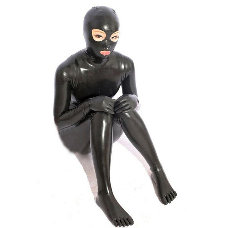 Black Women Full Body Latex Catsuit with Toe Socks Back Zipper Rubber Bodysuit
