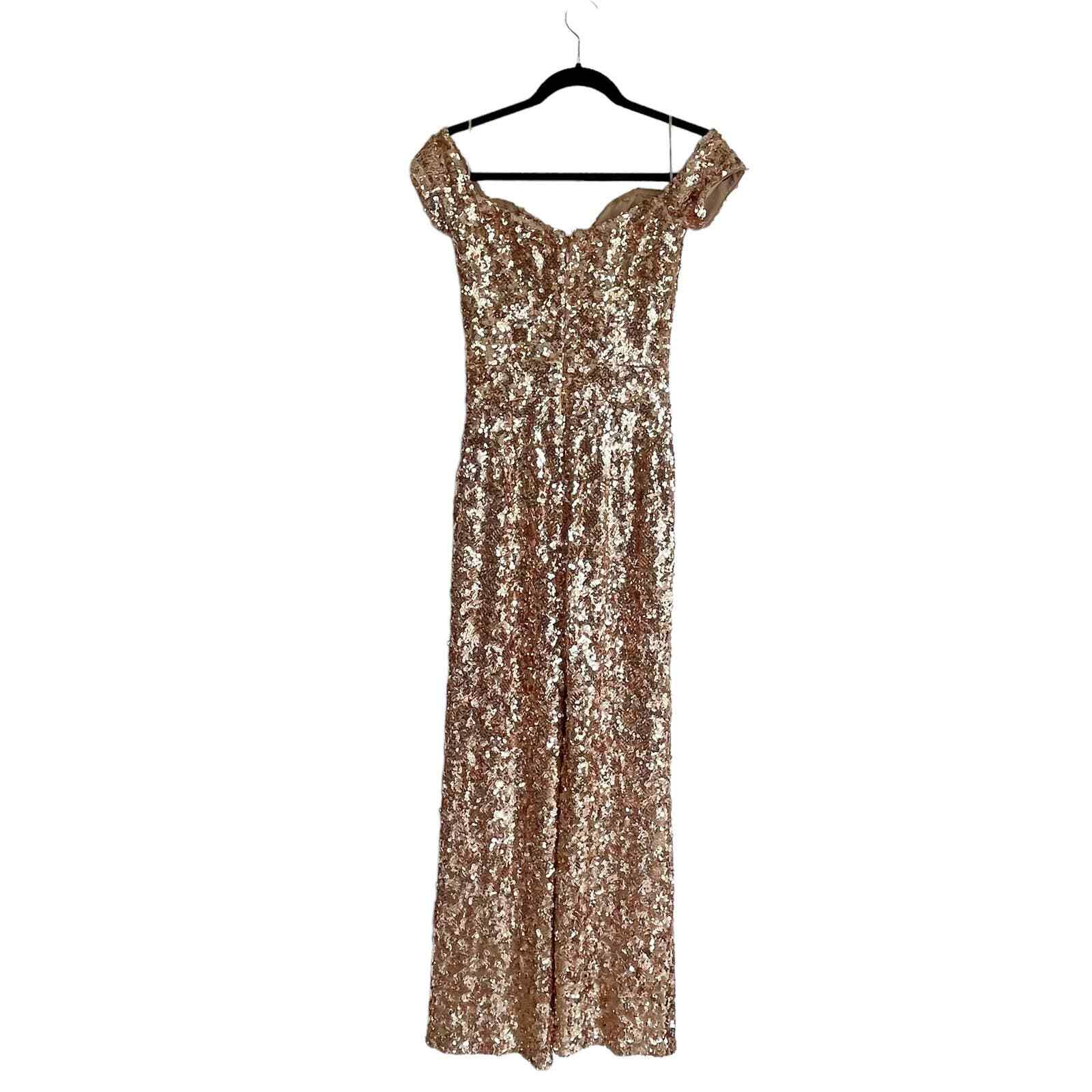 Dress The Population Elon Sequin Off-Shoulder Jumpsuit Champange Women’s Size XS