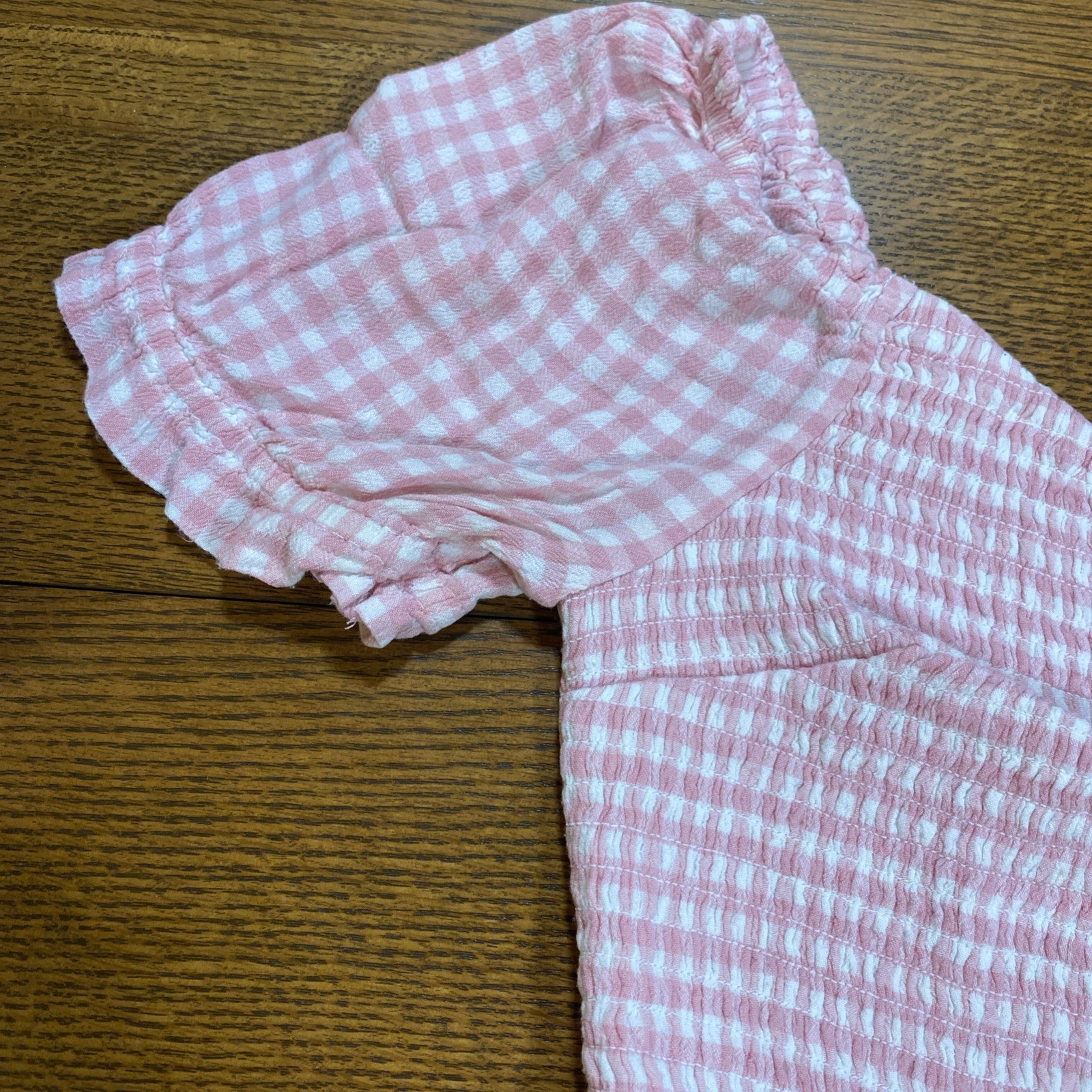 HOLLISTER Pink White Gingham Romper Puff Sleeve Picnic Coquette Cottage Farm L