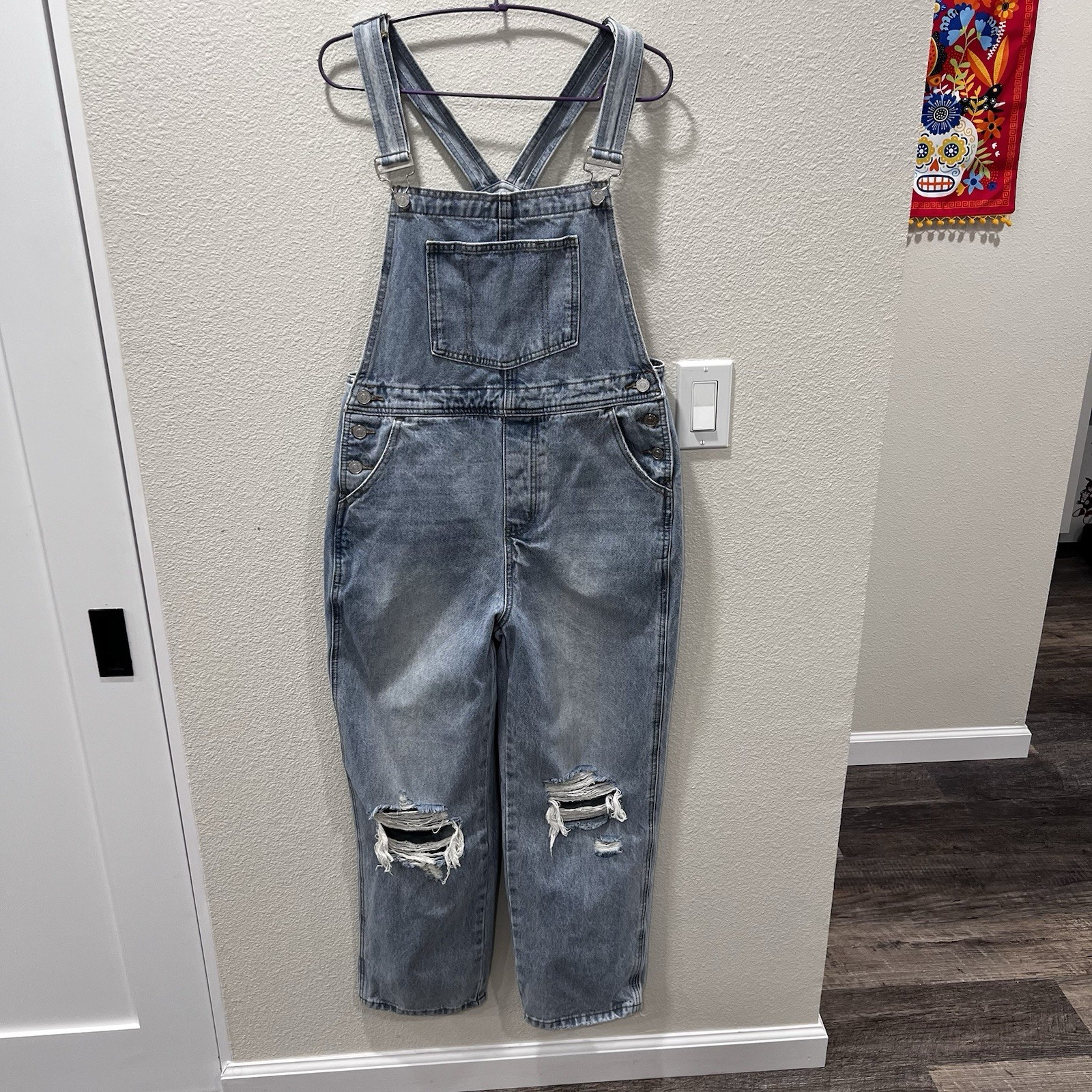 KanCan Women’s Denim Overalls Light Wash Distressed Cropped Straight Leg Size M