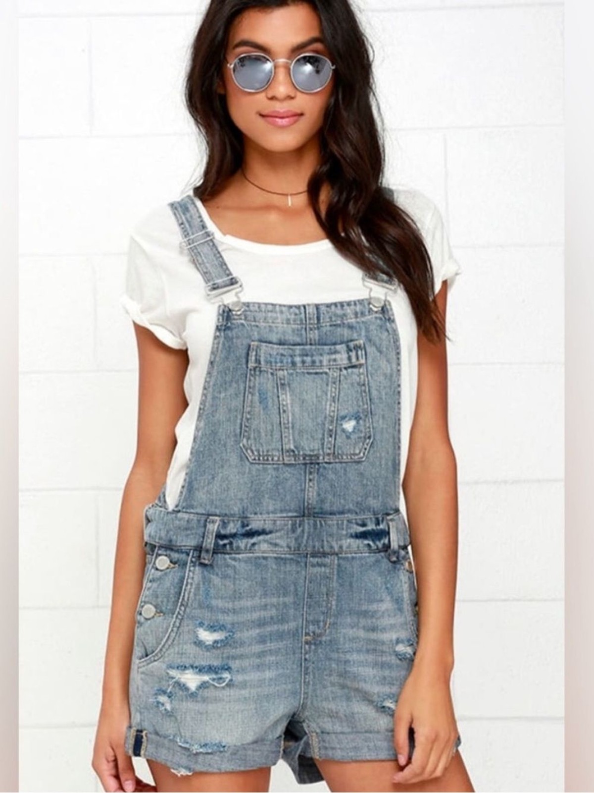 Blank NYC size 28 Light Blue distressed Denim overall Shorts