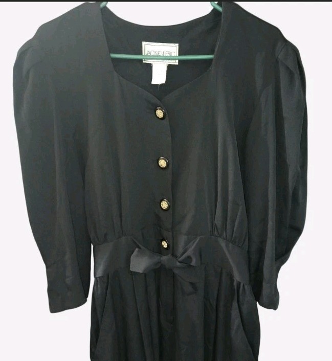 Vtg Jackie & Eric Black Jumpsuit Womens M/L Sweetheart Neck Puff Sleeve Goth 70s