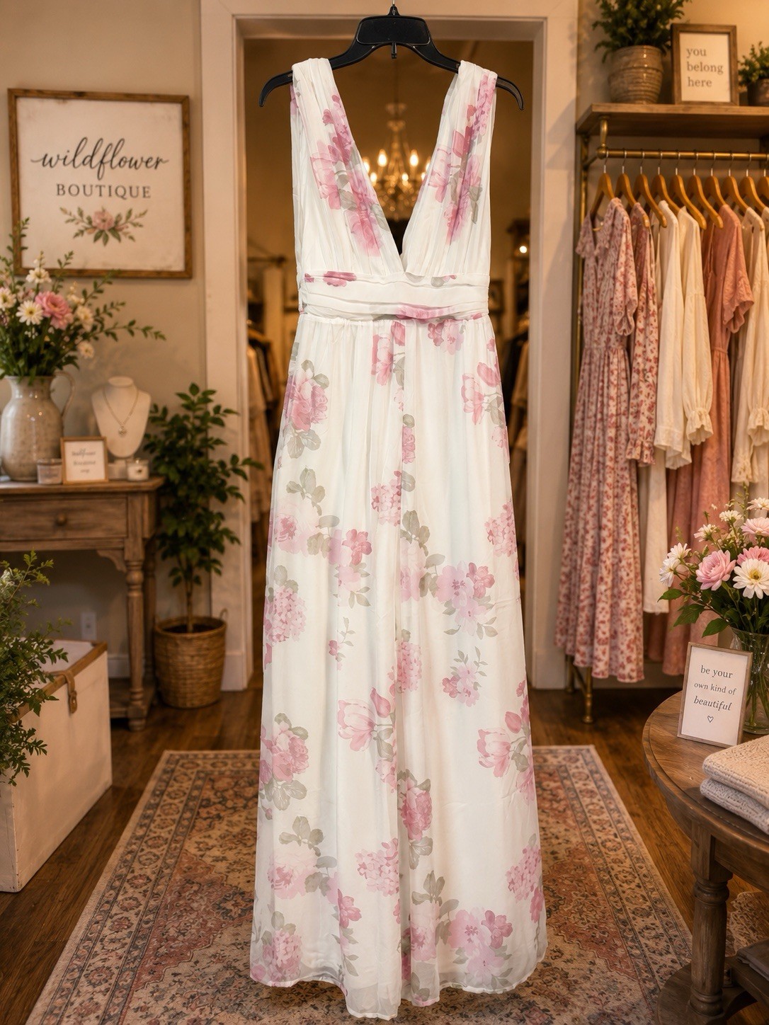 Lulus Floral Jumpsuit Women’s Small White Pink Sleeveless Empire Waist Boho