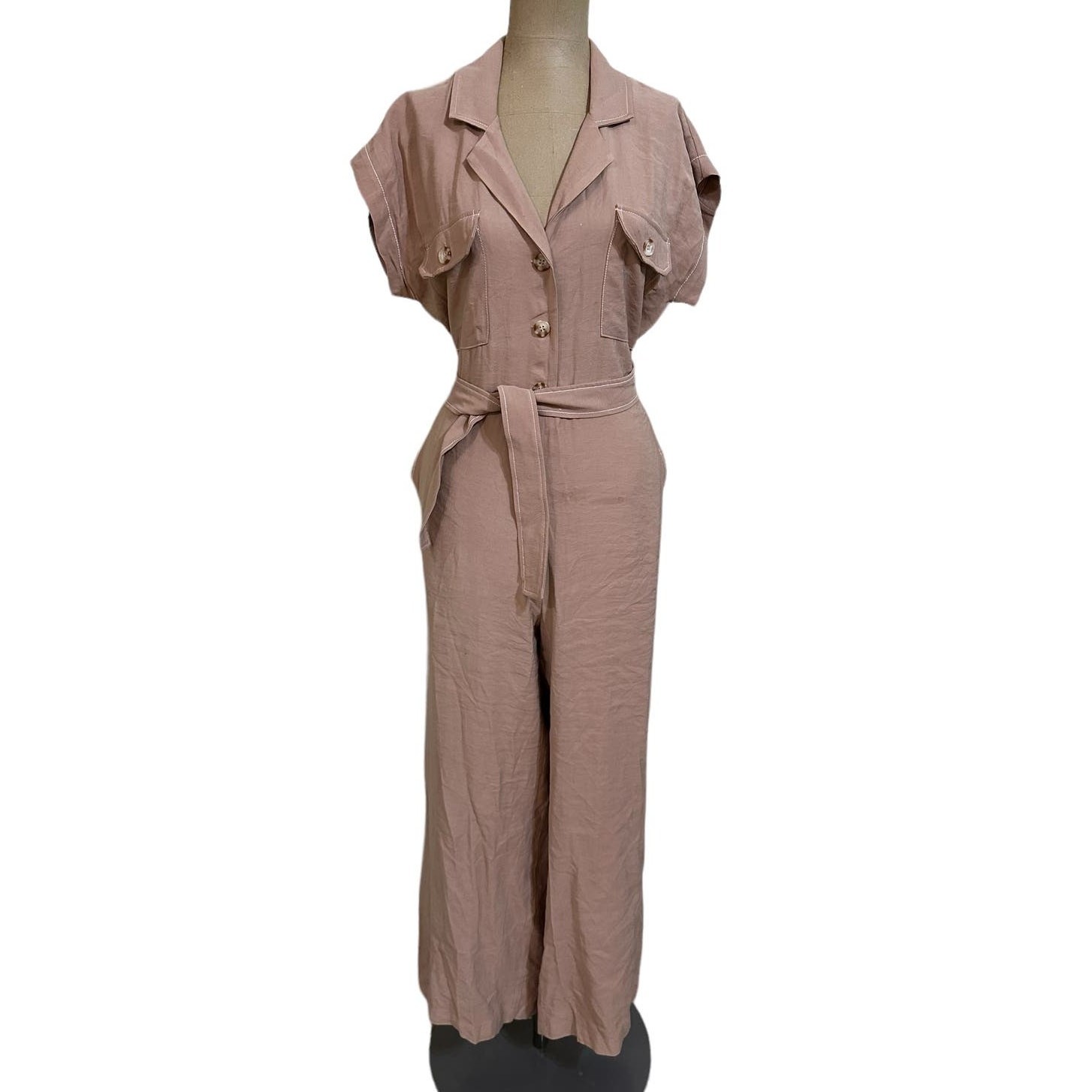 L’Academie Revolve Jumpsuit Fia Belted Taupe Wide Leg Crop Short Sleeve Small