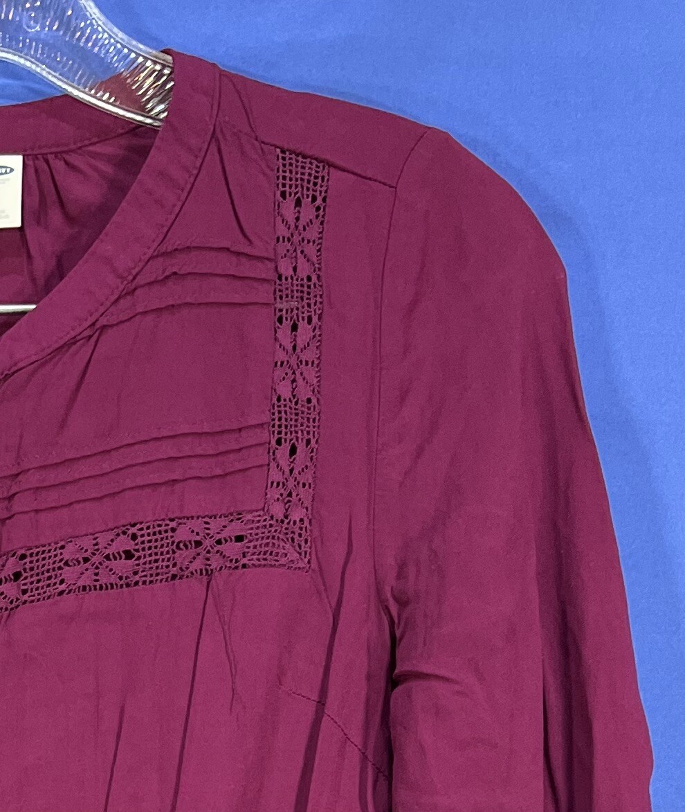 OLD NAVY Burgundy CHALLIS Lace Detail LONG SLEEVE Pockets 1/2 BUTTON Romper XS