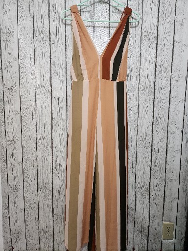 4SI3NNA Maxi Jumpsuit S Fall Colorblock Stripes Wide Leg V Neck Belt Zip Career