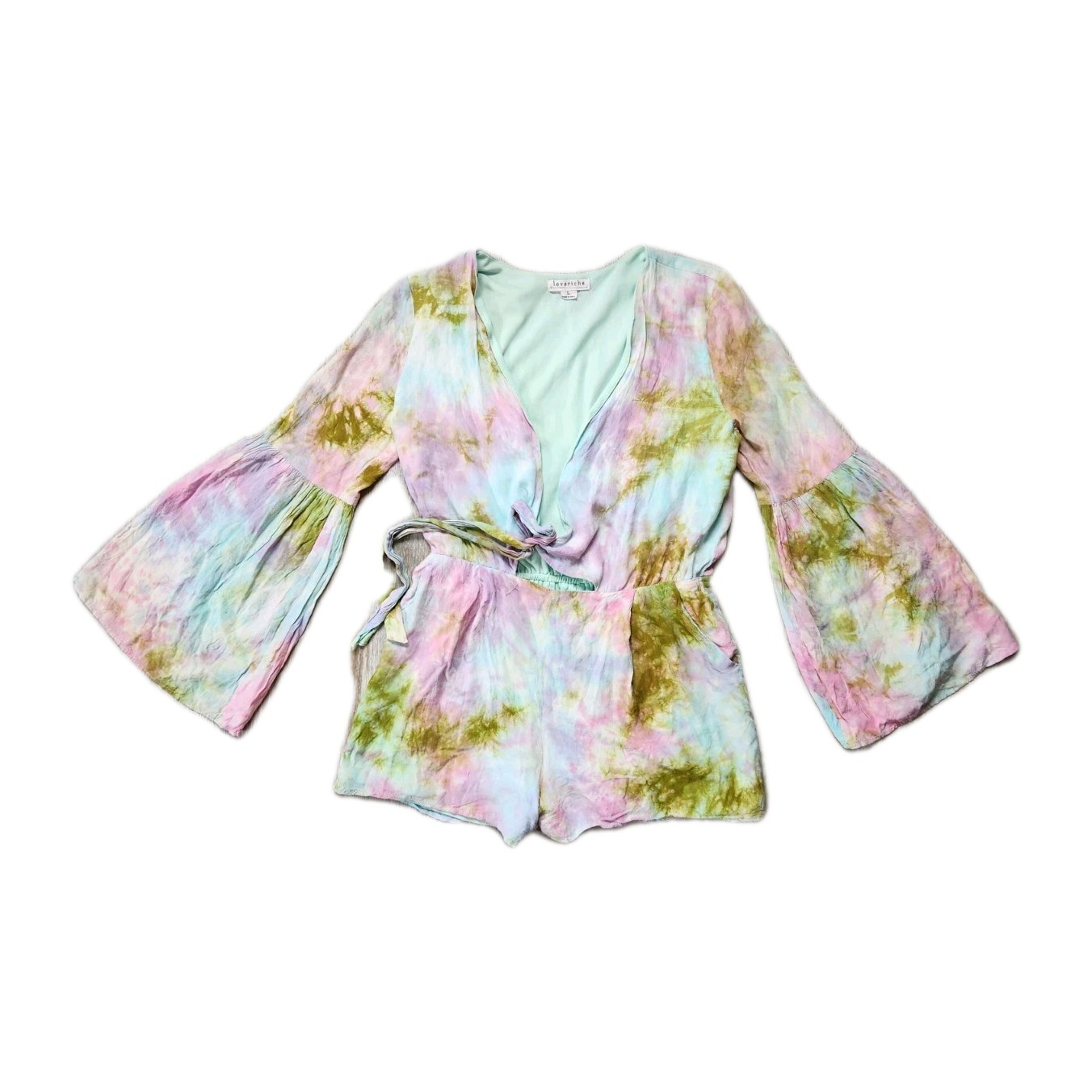 Loveriche Tie Dye Romper Womens L Bell Sleeve Wrap Front Boho Festival Pastel