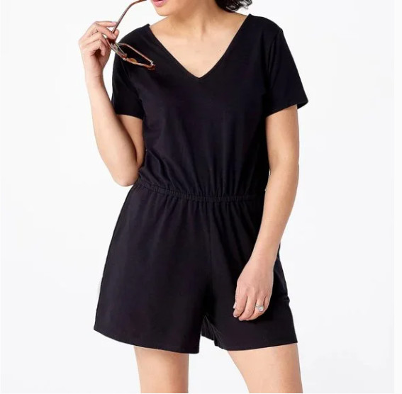 AnyBody Cozy Kind V-Neck Short Sleeve Romper, Black, S