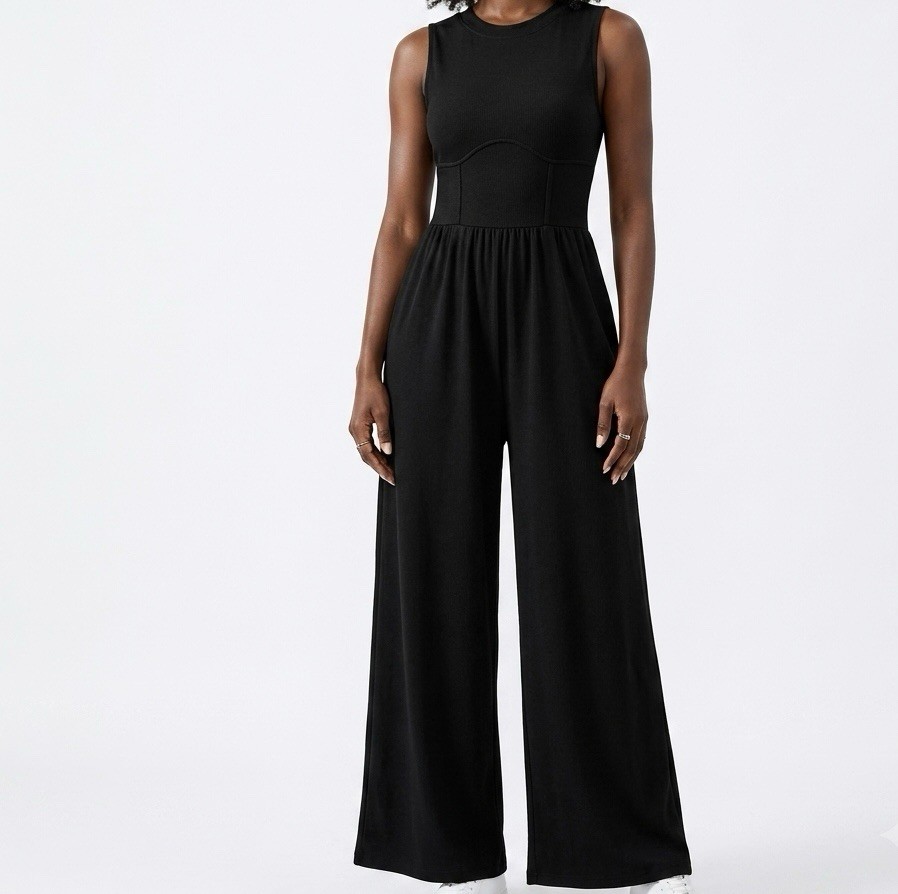 Women’s Black Sleeveless Knit Wide-Leg Jumpsuit w/ Pockets Stretch Size L