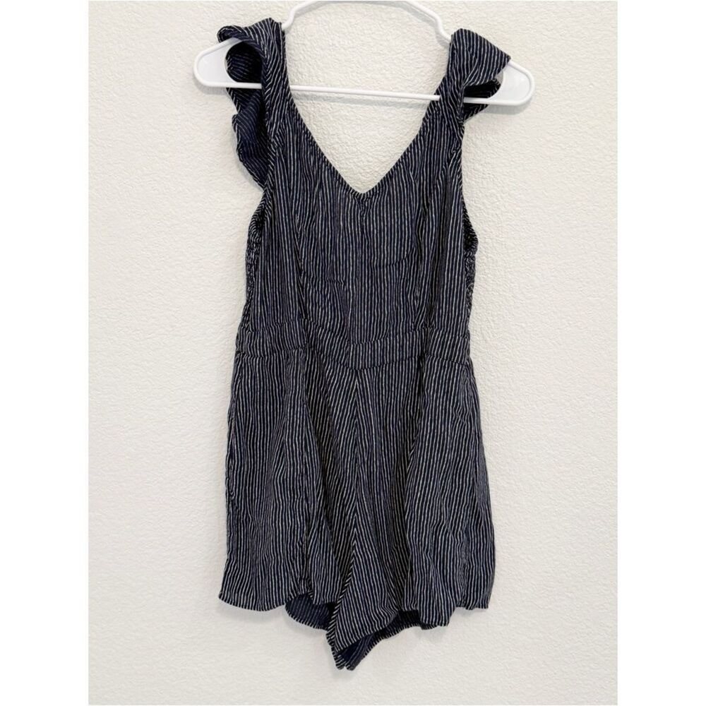 American Eagle Outfitters Navy Pinstripe Ruffle Smocked Back Romper Womens Large