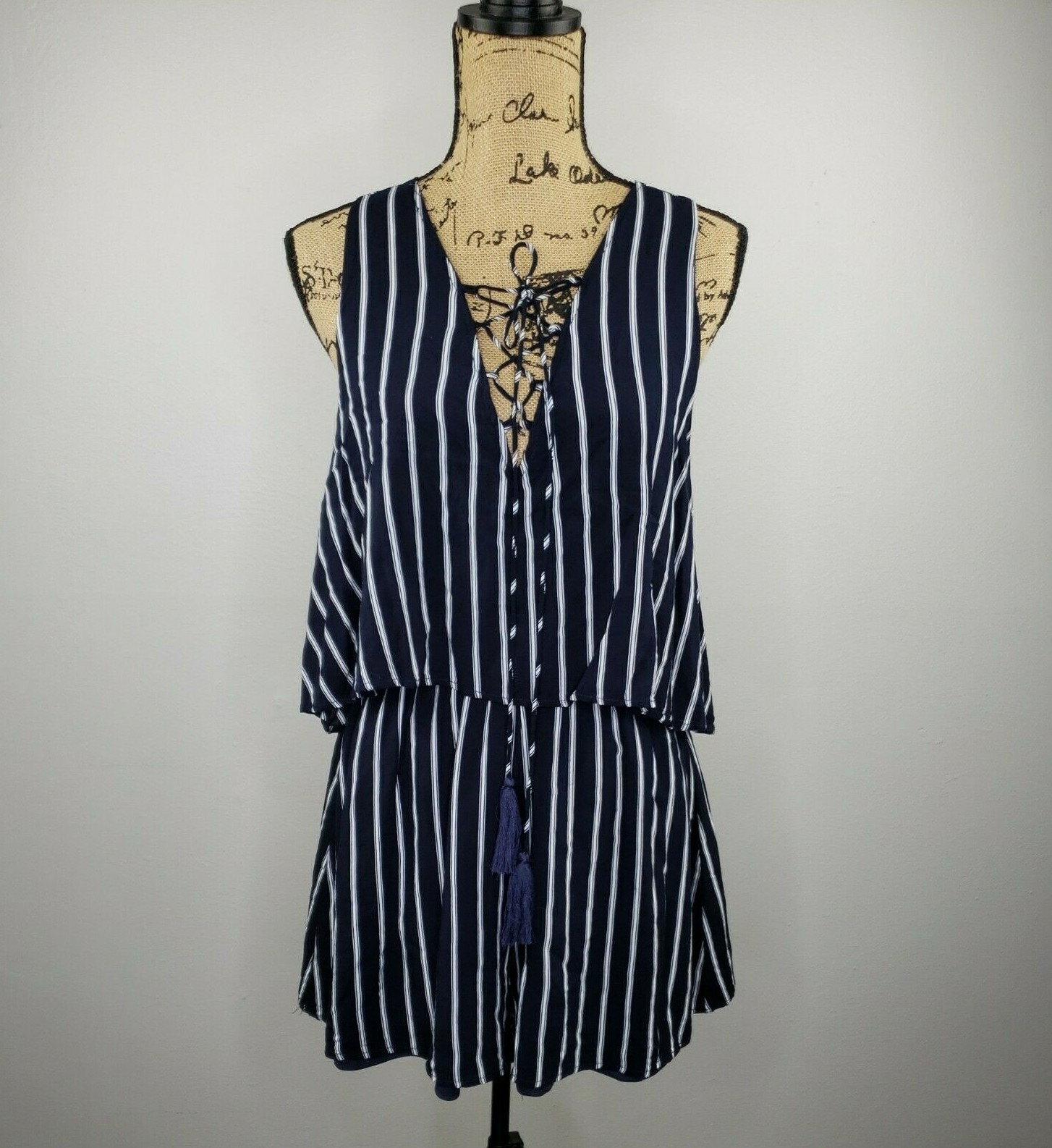 She + Sky Midnight Navy Blue Stripe Flounce Romper Women’s L Large