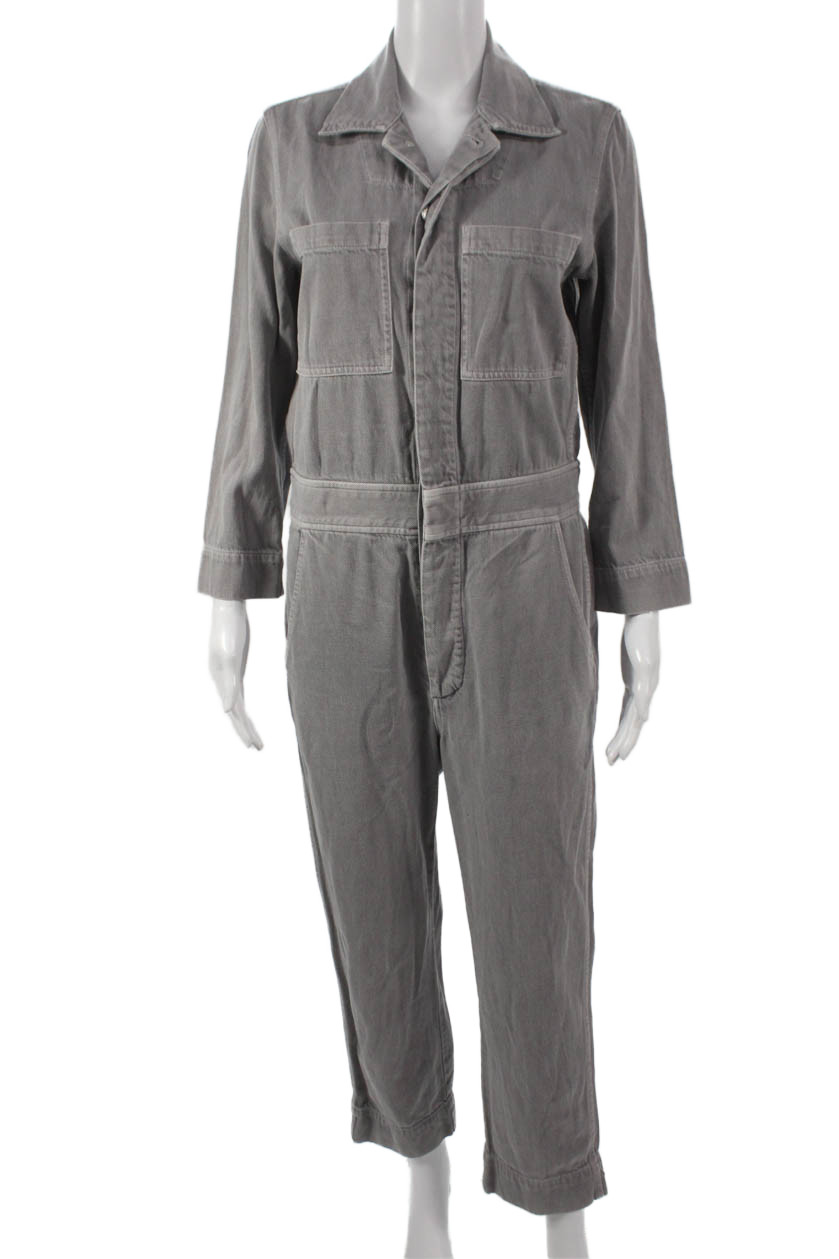Amo Women Collared Long Sleeve Utility Jumpsuit Gray Button Size S