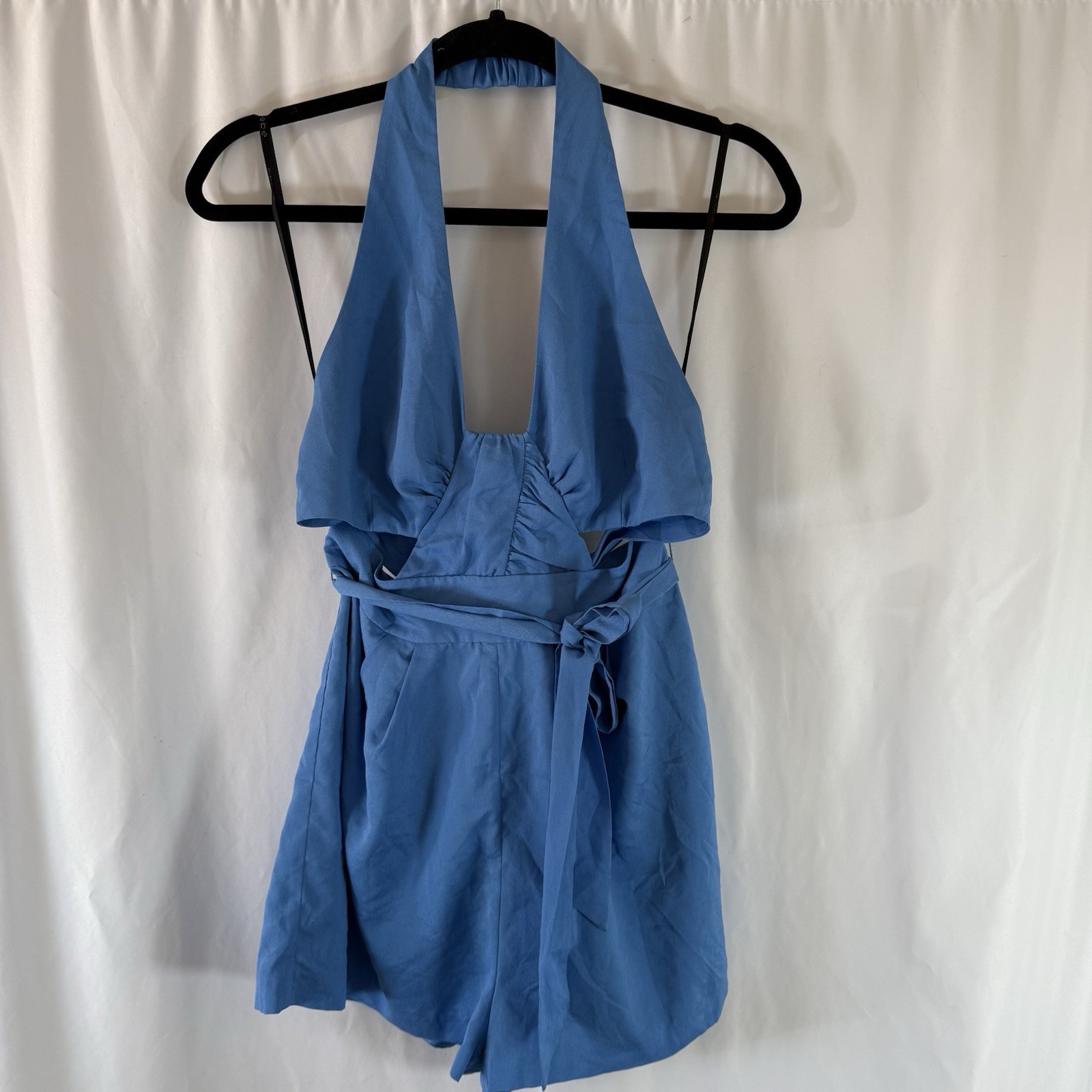 Bebe Romper Women’s Medium Blue Zip Back Tie Back & Waist Sleeveless
