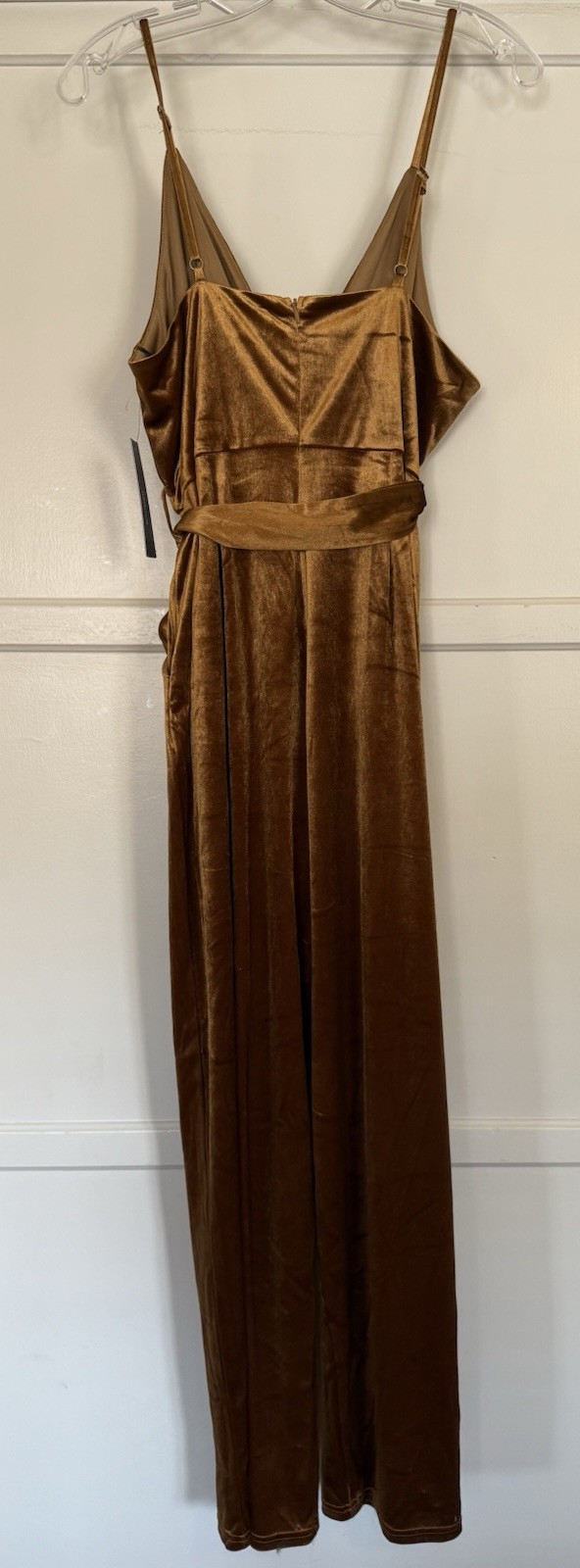 Lulus Copper Velvet Sleeveless Jumpsuit with Pockets and Fabric Belt Sz L NWT