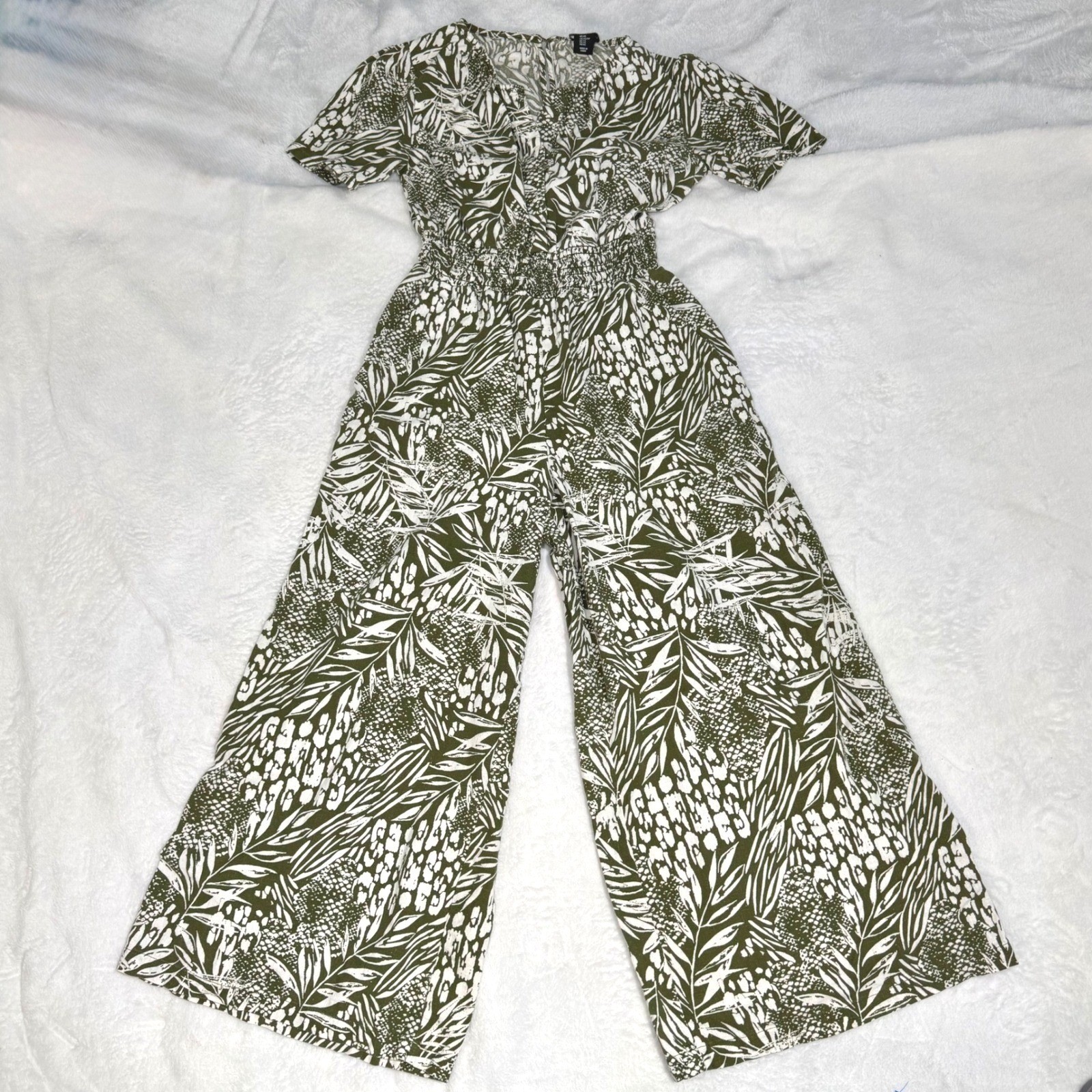 Nicole Miller NY Olive Green Tropical Palm Print Linen Jumpsuit XS Wide Leg
