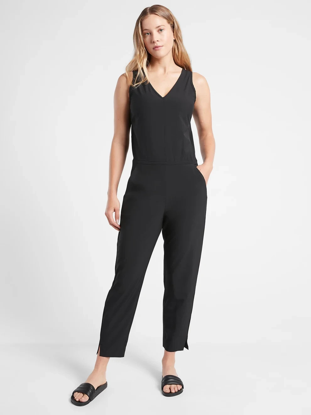 Athleta Brooklyn Semi Fitted V Neck Ankle Length Black Jumpsuit Size 0 NEW