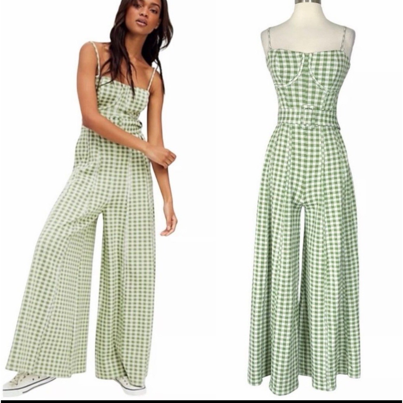 Free People Hold Me Tight Green Gingham Jumpsuit Women’s XS Wide Leg Belted