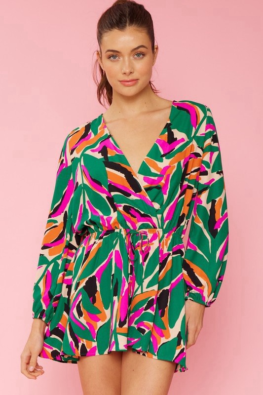 Bright Green Abstract Print Wrap Romper