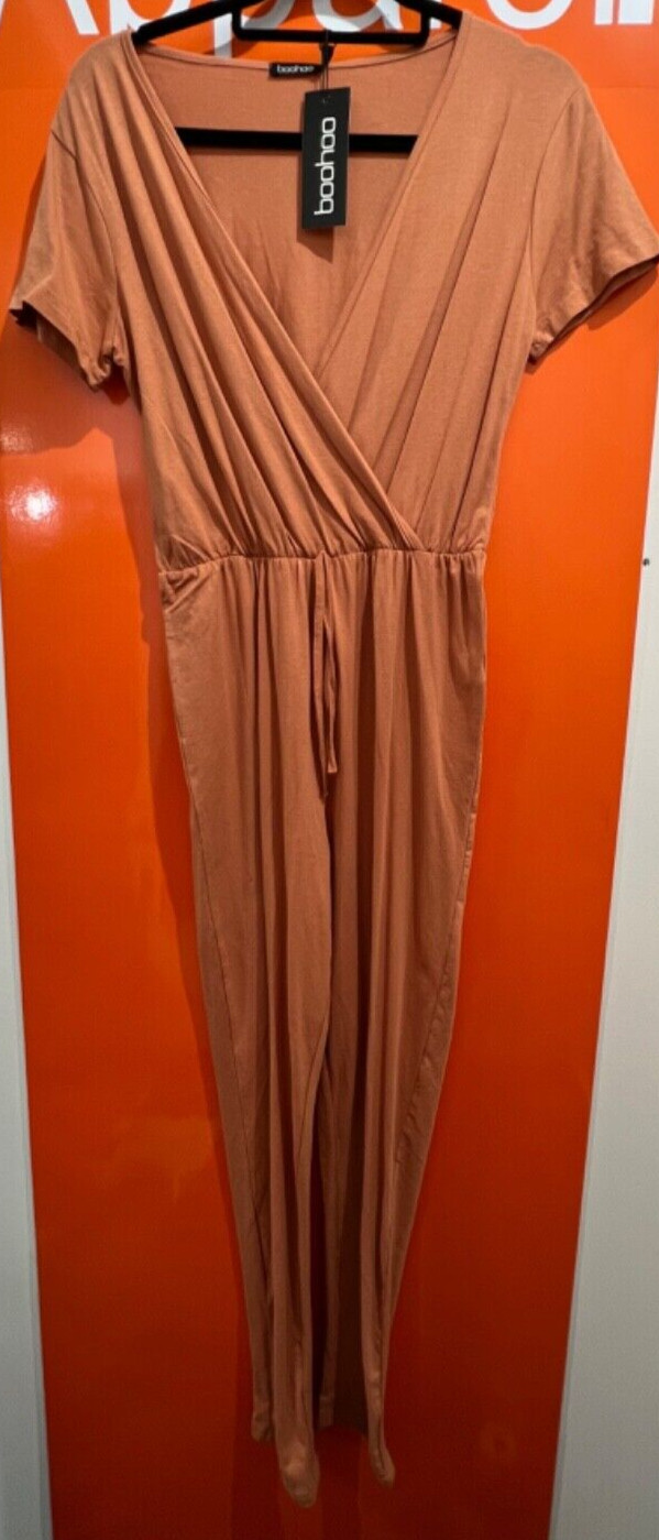 Boohoo Jersey Wrap Short Sleeve Jumpsuit, Caramel, NEW, Size 12, SF/3358