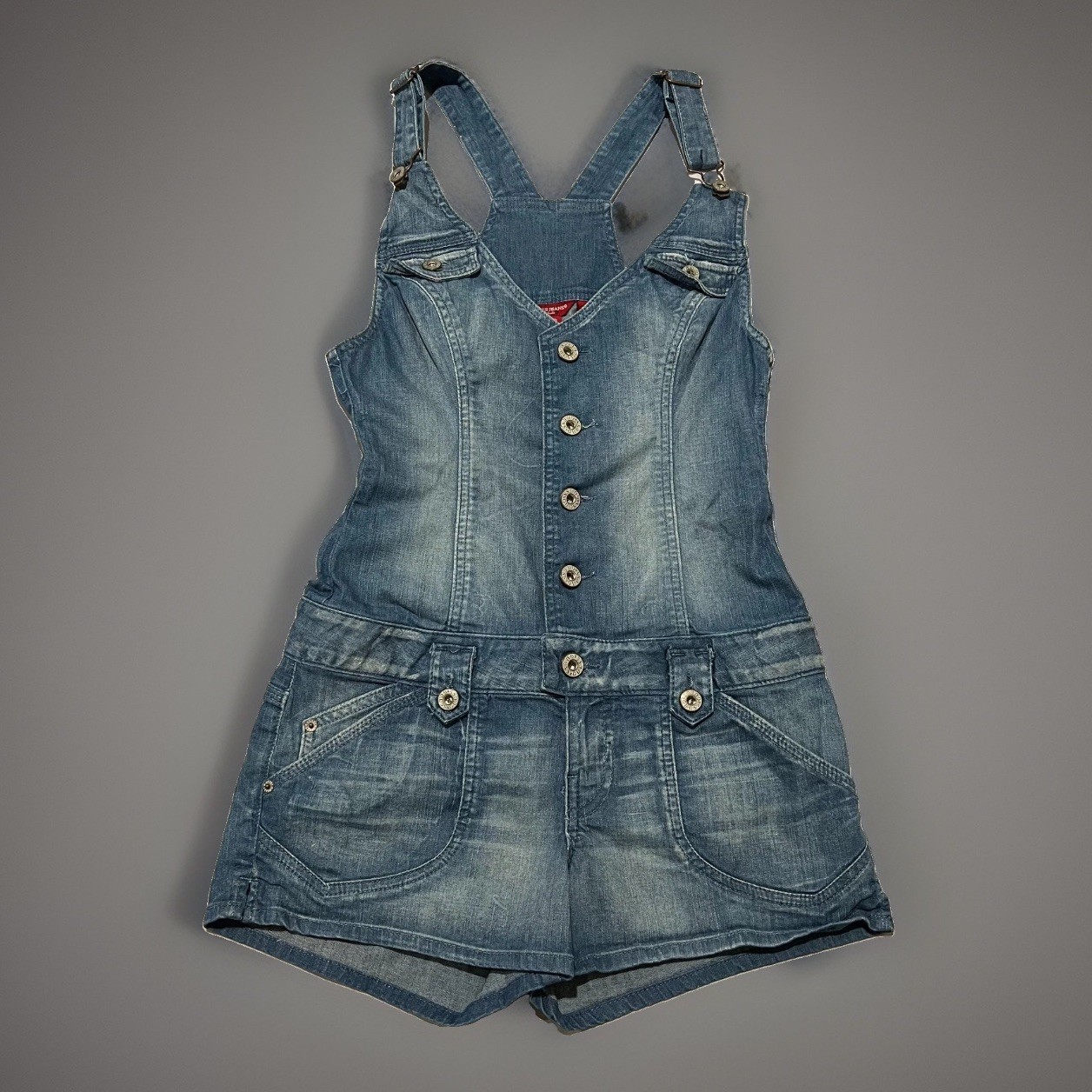 Vintage 90s Guess Womens Blue Y2K Sleeveless Denim Stretch Short Overalls Size M