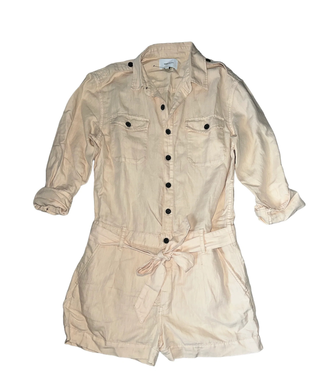 Current Elliott women’s beige Kaya linen button down roll sleeves romper 2 NWOT