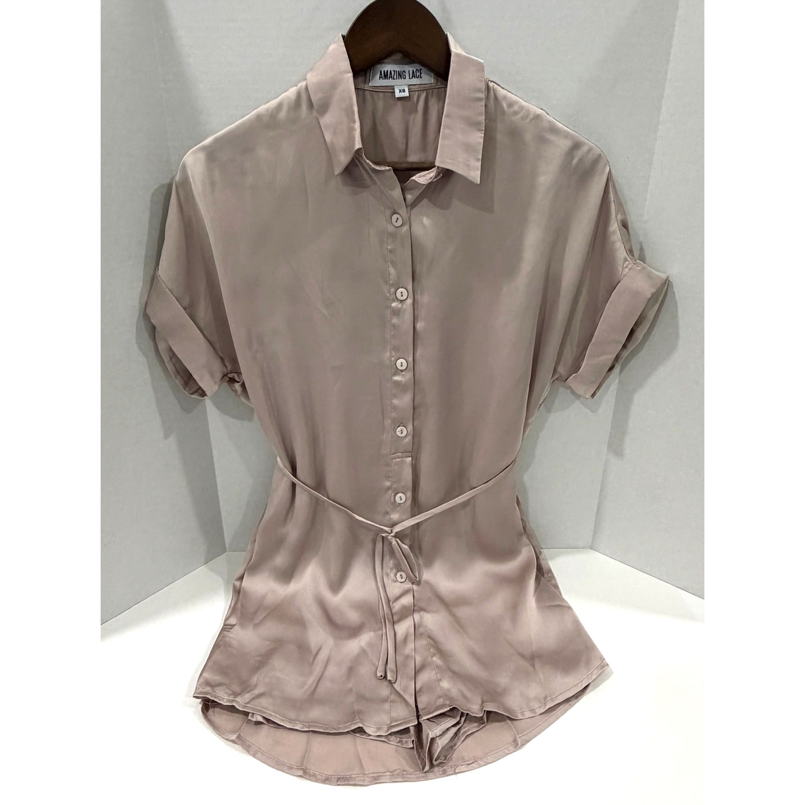 Amazing Lace 100% Polyester Blush Pink Romper Tie Waist Dress – Size XS