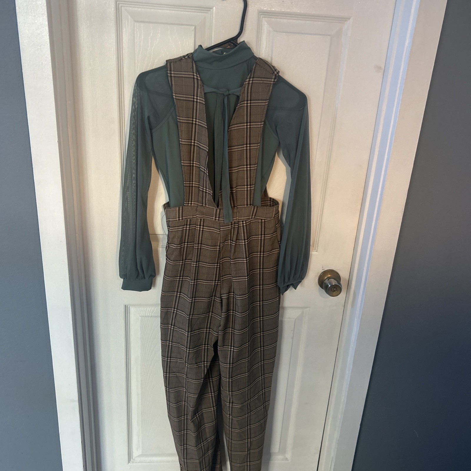 Plaid Overall Jumpsuit with Long Sleeve Green Top Danceware