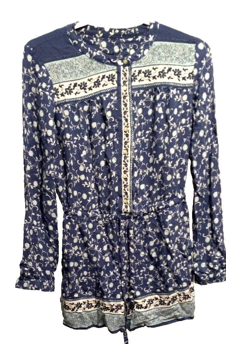 Ann Taylor Romper XS Blue Floral Lace High Neck Long Sleeve Adjustable Waist
