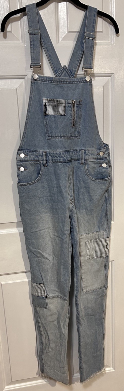 POL Women’s Large Denim Slim Leg Patchwork Overalls Light Wash Raw Hem Boho Art