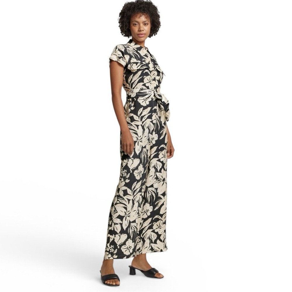 New Mango Black & Cream Floral Jumpsuit Womens Size Medium Short Sleeve Wide Leg