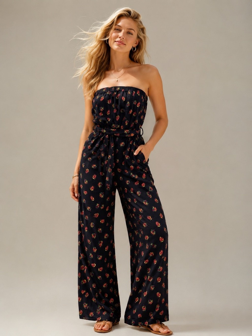 Black Floral Jumpsuit Strapless Halter Top Tie Waist Wide Leg Simply Styled Med