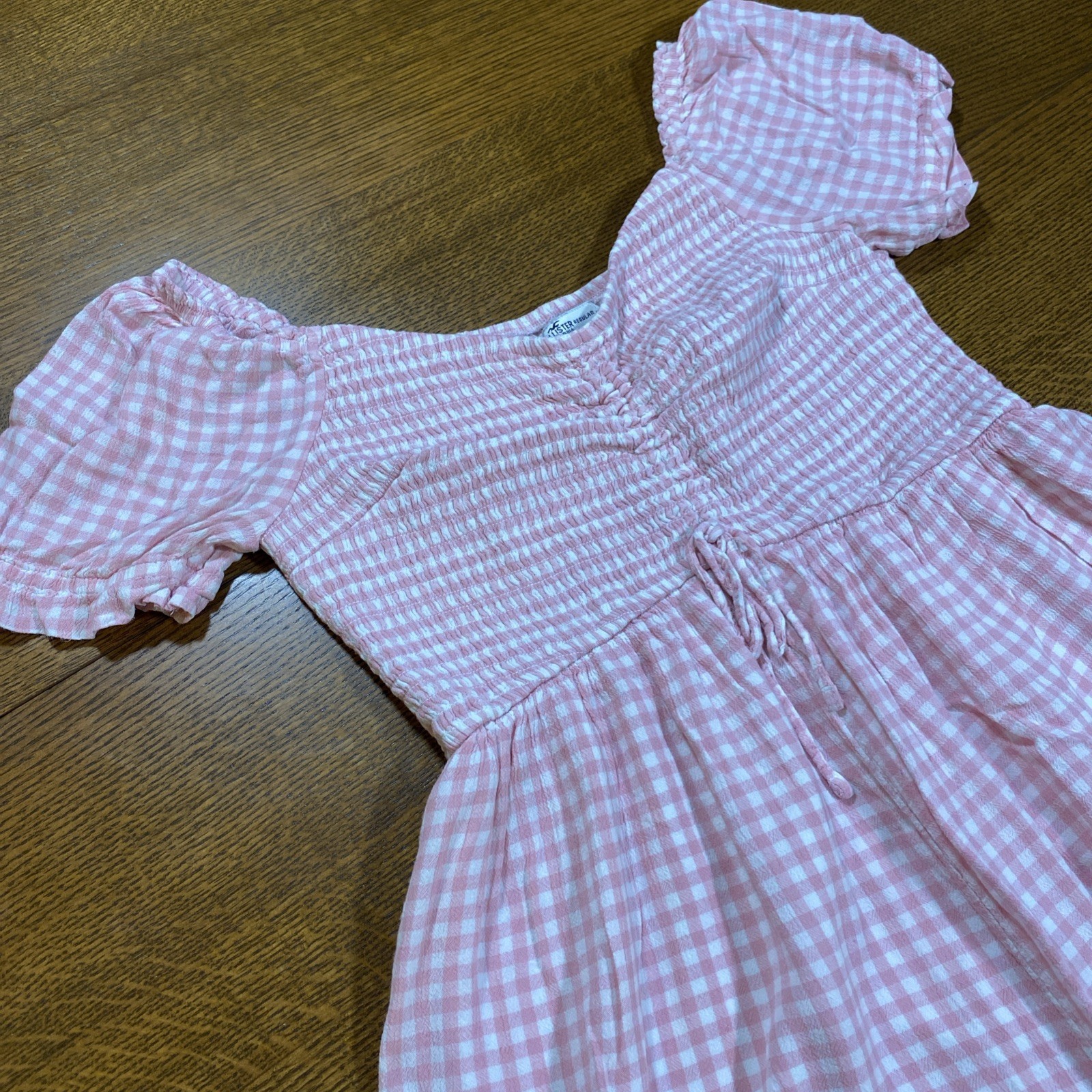 HOLLISTER Pink White Gingham Romper Puff Sleeve Picnic Coquette Cottage Farm L