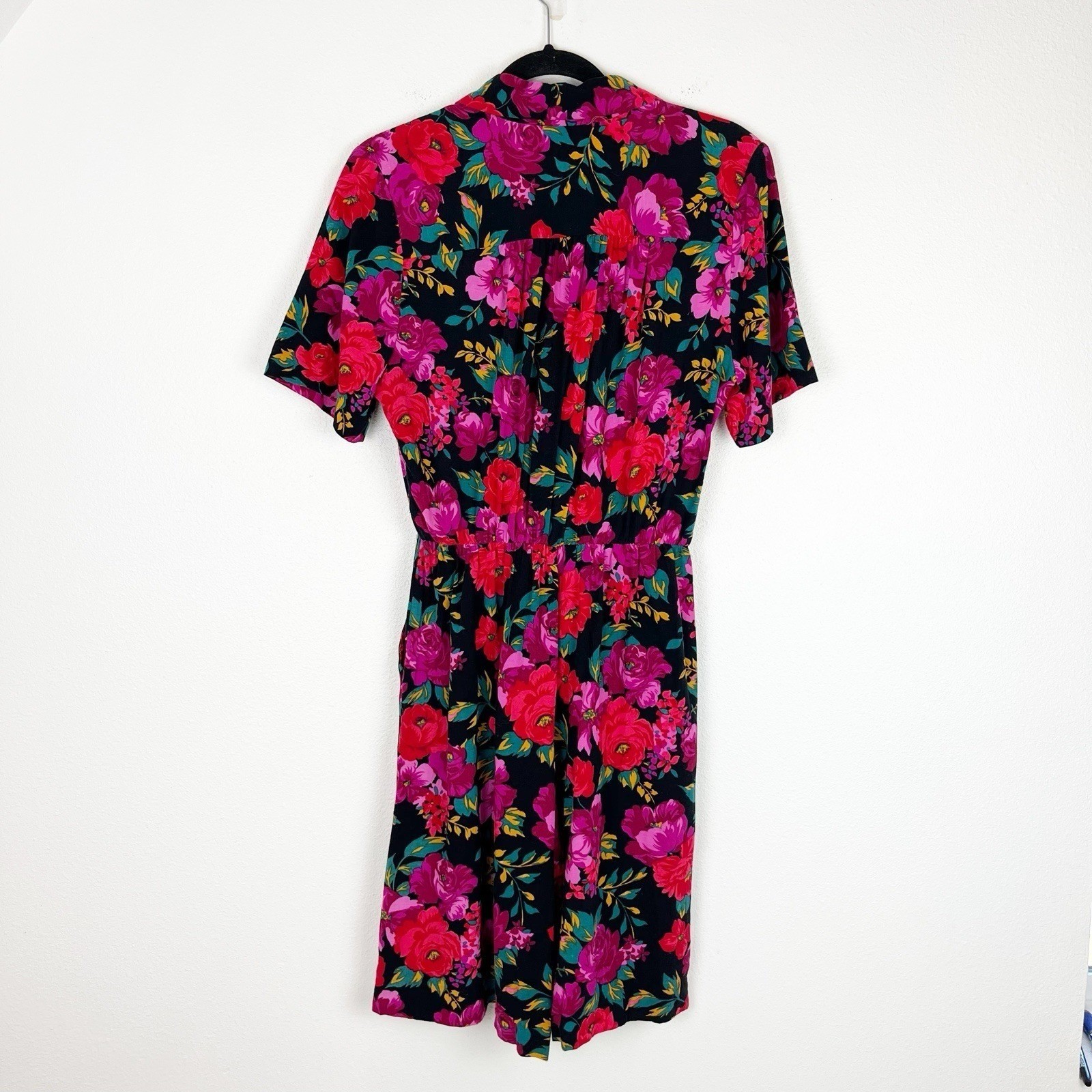 Vintage Floral Romper 80s Black V-Neck Short Sleeve Boho Festival Retro Summer M