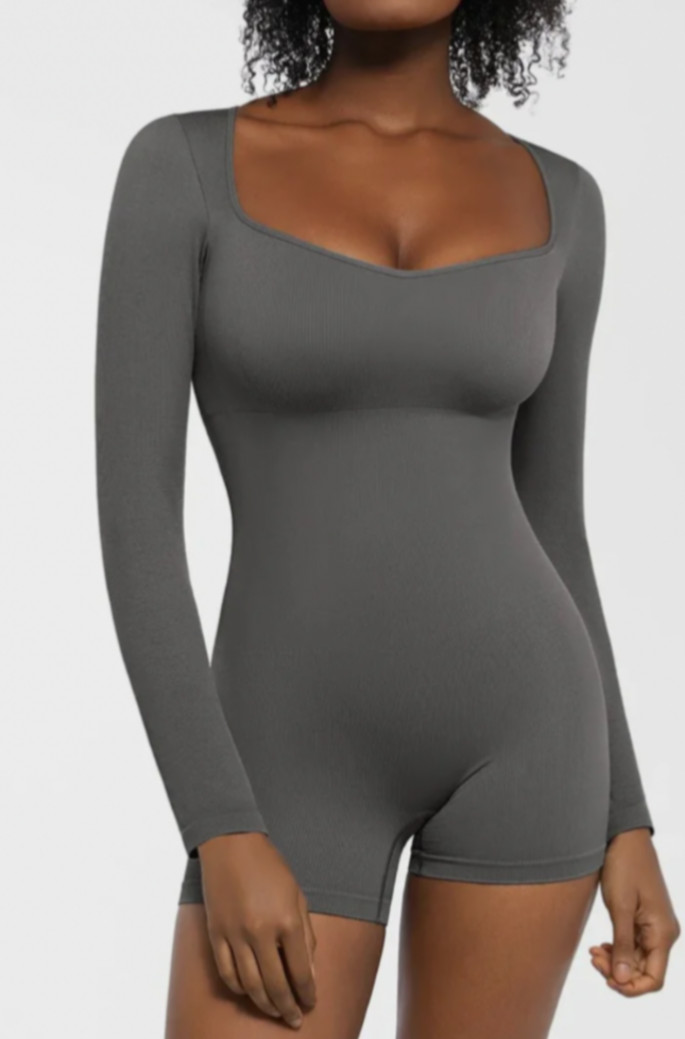 Popilush Long Sleeve Romper Gray M Shapewear Tummy Control Slimming Bodycon
