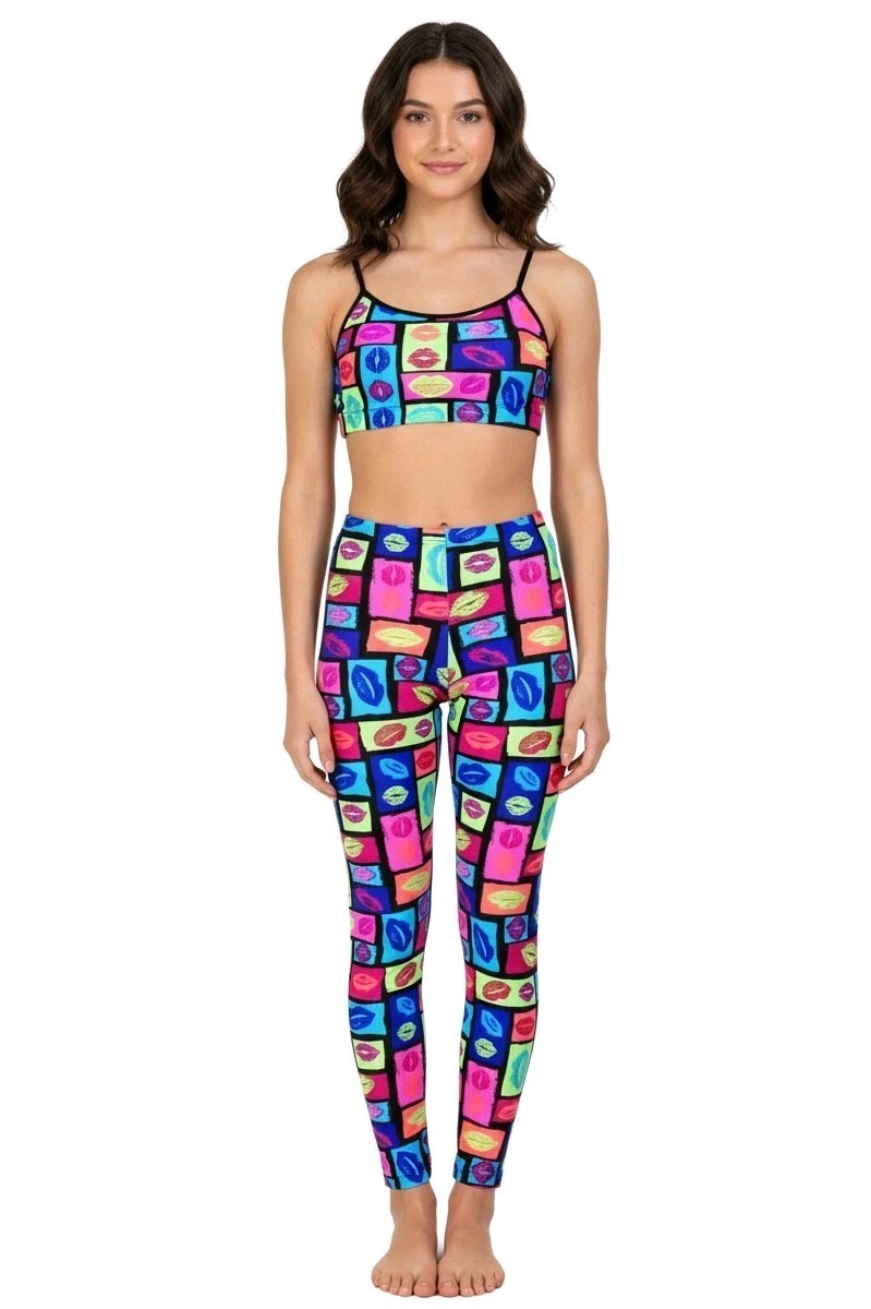 80s Retro Neon Kiss Fashionista Dance Legging Sport Bra Set Women’s M Funky Diva
