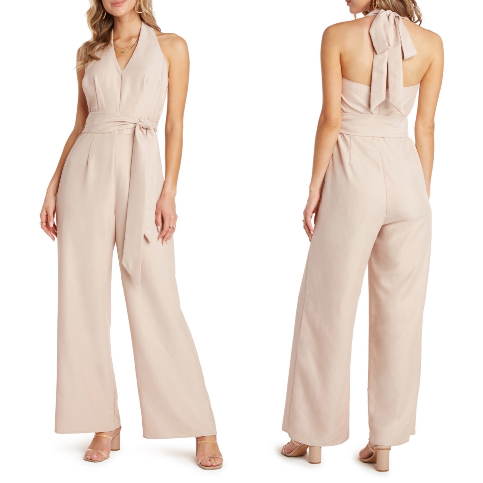 NEW WILLOW Taupe Rose VICTOR Halter Neck TIE WAIST 70’s Vibe Wide Leg JUMPSUIT L