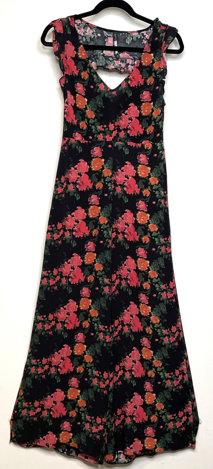 Plenty Tracy Reese Black Pink Floral Jumpsuit SP Sleeveless Ruffles V Neckline