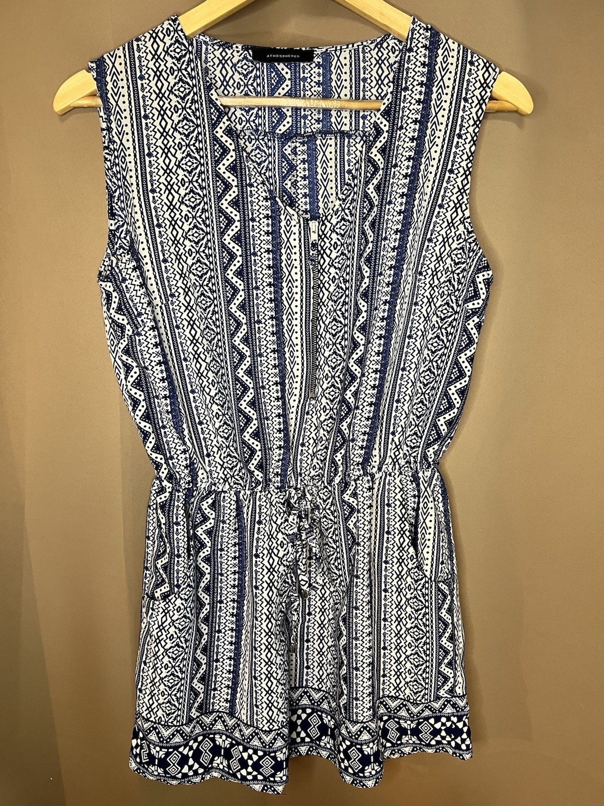 Atmosphere Romper Women’s Blue/White Geometric Boho Festival Indie Southwestern