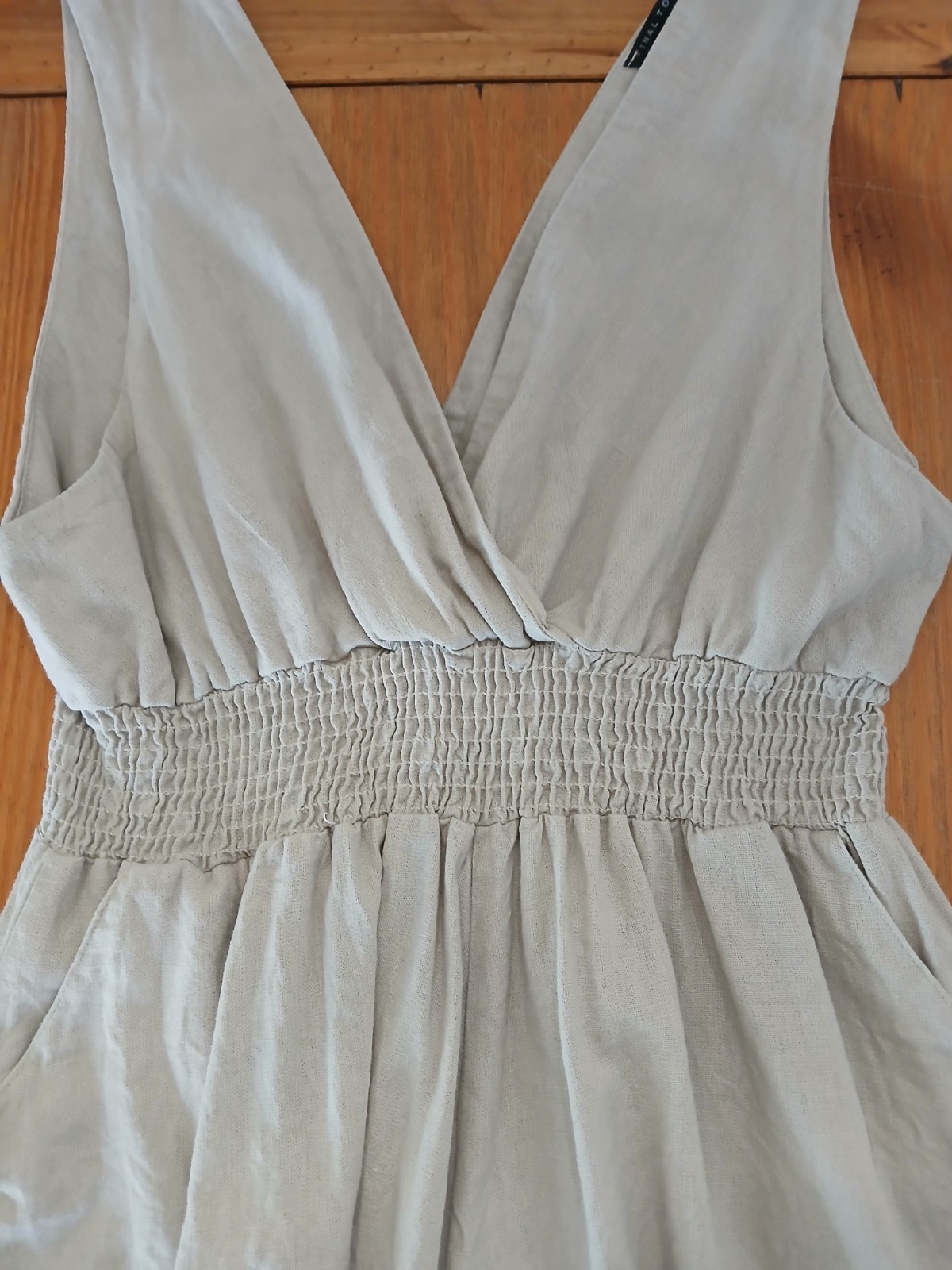 Final Touch Tan Linen Blend Romper L Cottage Boho Beach Prairie Festival Neutral