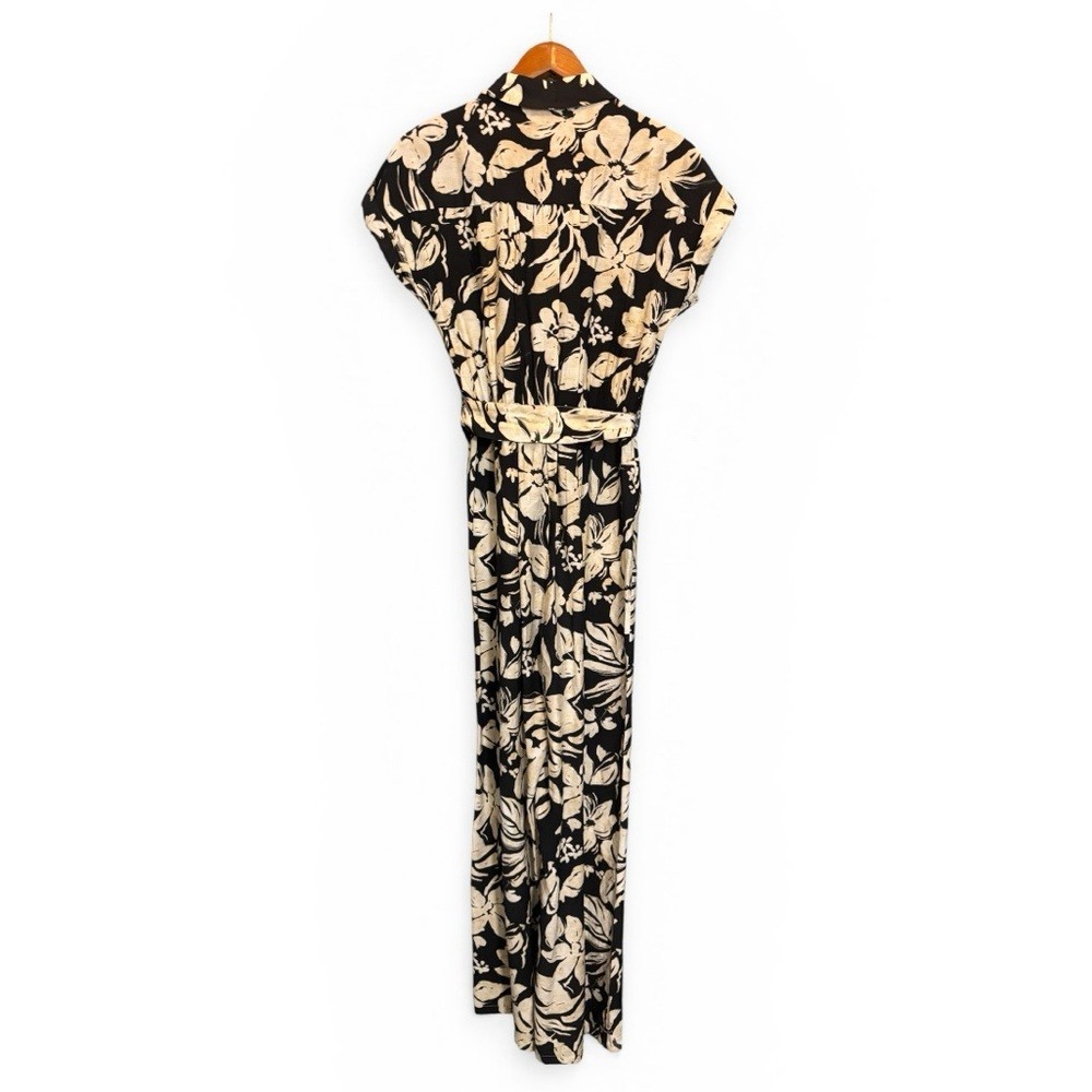 New Mango Black & Cream Floral Jumpsuit Womens Size Medium Short Sleeve Wide Leg