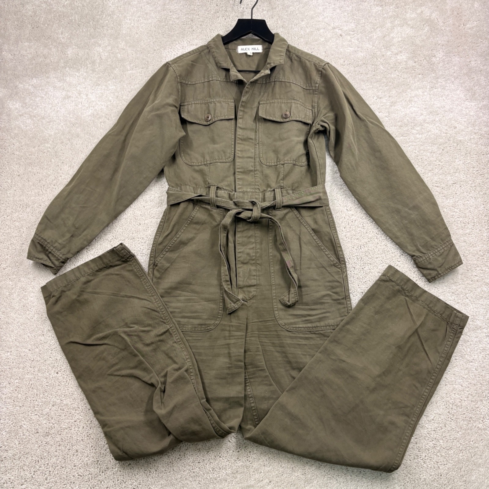 Alex Mill Jumpsuit Womens Size XS Green Canvas Long Sleeve Belted Cotton