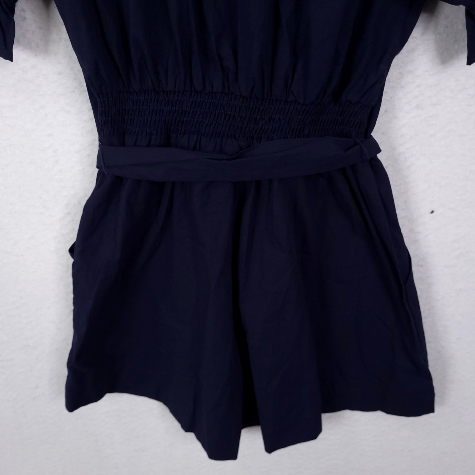 Petal and Pup Riley Waist Tie Romper Womens XS Navy Blue Cotton Puff Sleeve New