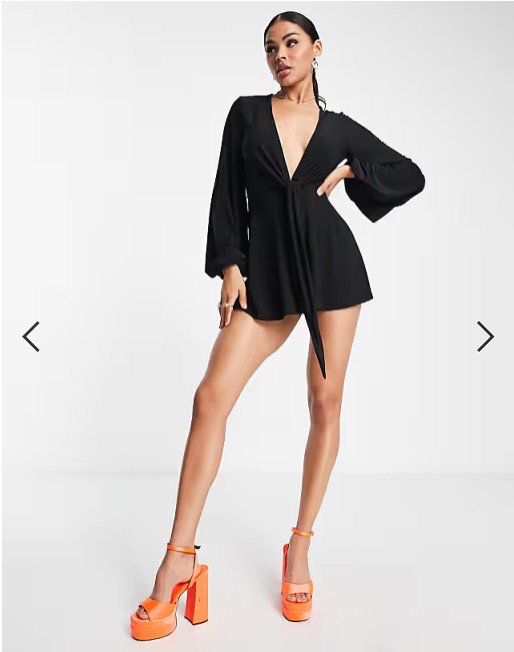 ASOS Glam Plunge Tie front Romper in Black US 12 UK 16 NEW