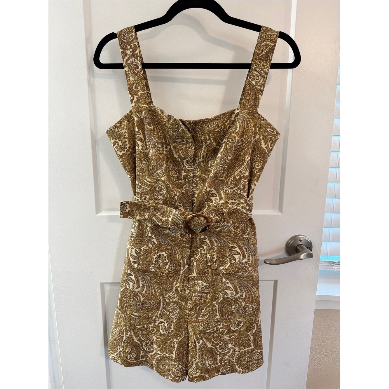 House of Harlow 1960 Gold and Cream Paisley Belted Romper Linen Blend Retro Glam